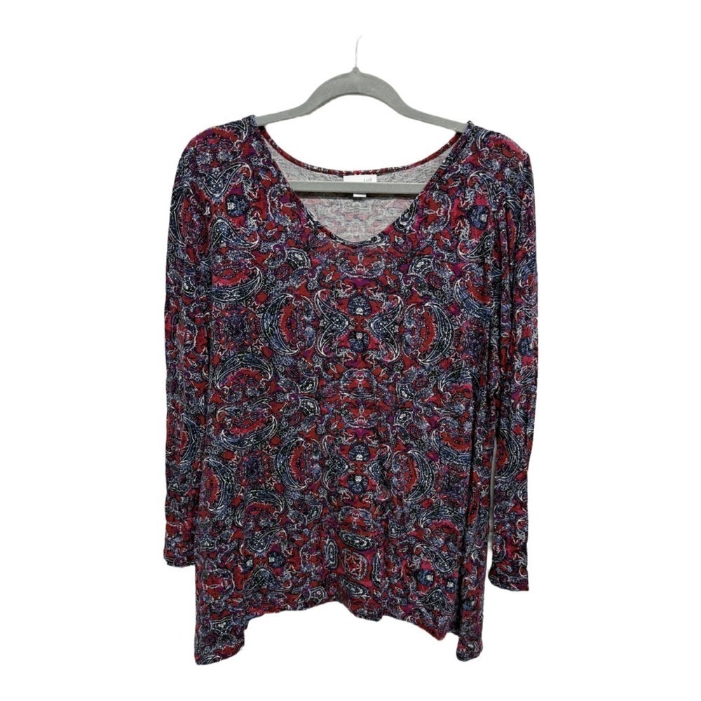 J Jill Women's Paisley Print V-Neck Red Long Sleeve Knit Large Petite Boho